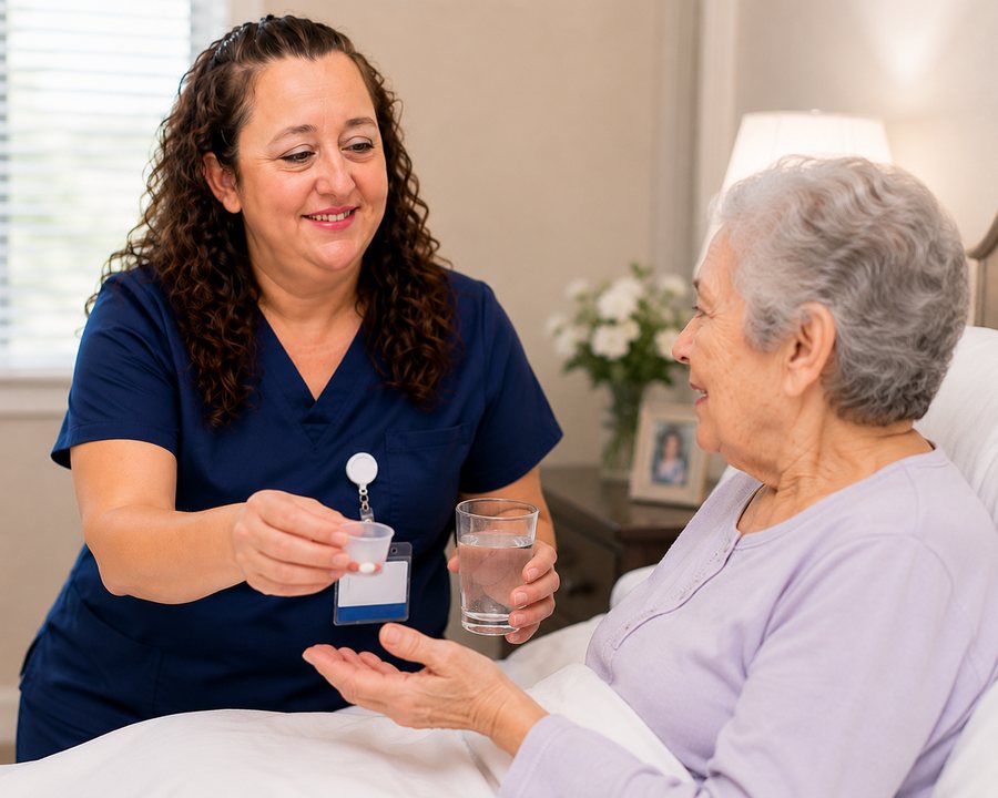 Yaime helping a patient take her medication with a glass of water