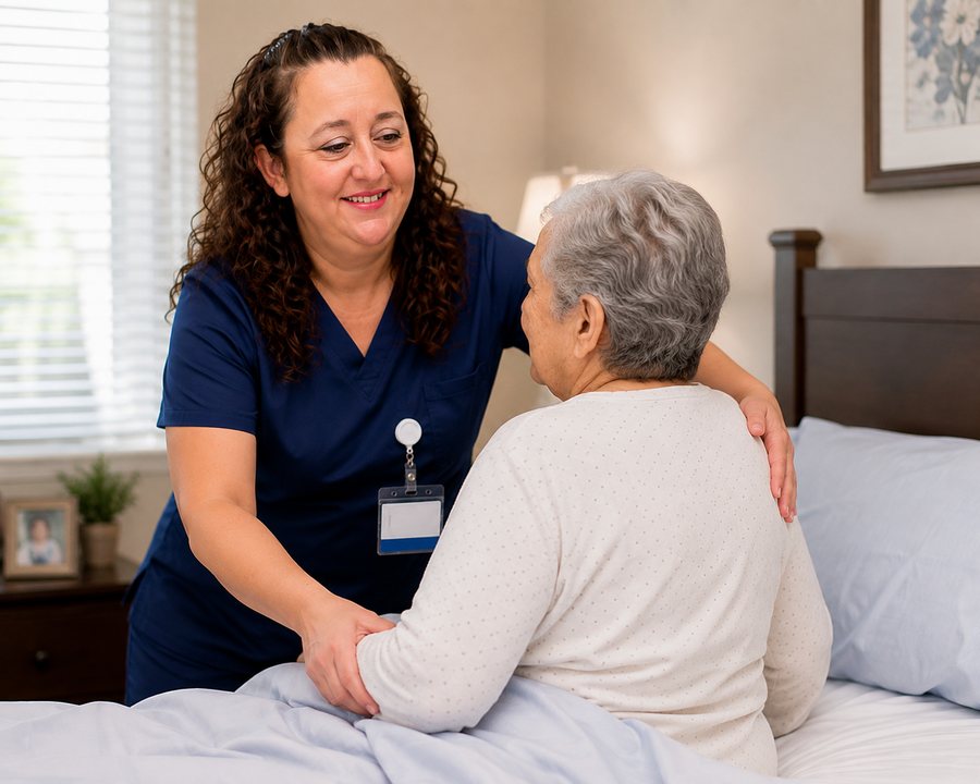Yaime gently helping a patient sit up in bed